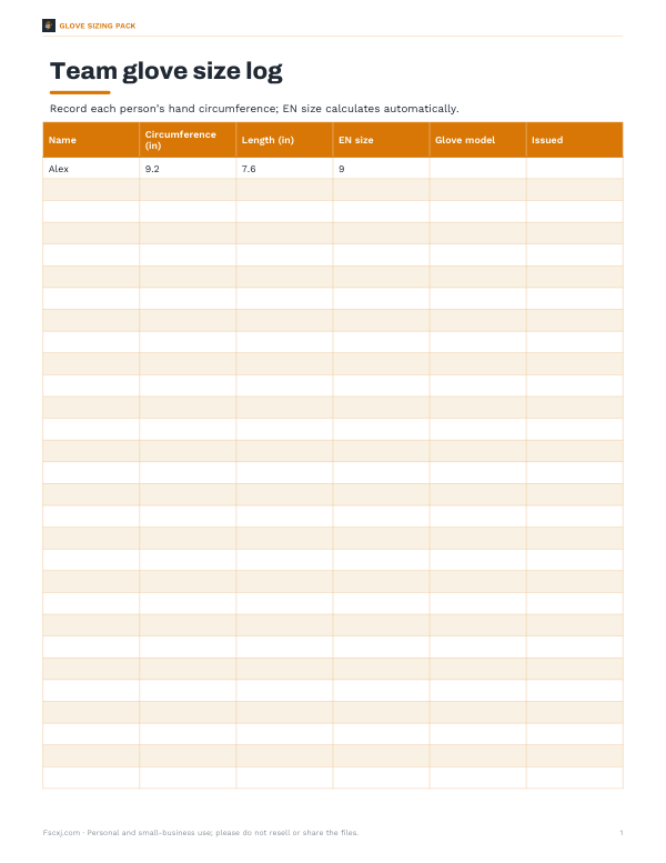 Preview of Printable Crew Glove Size Log