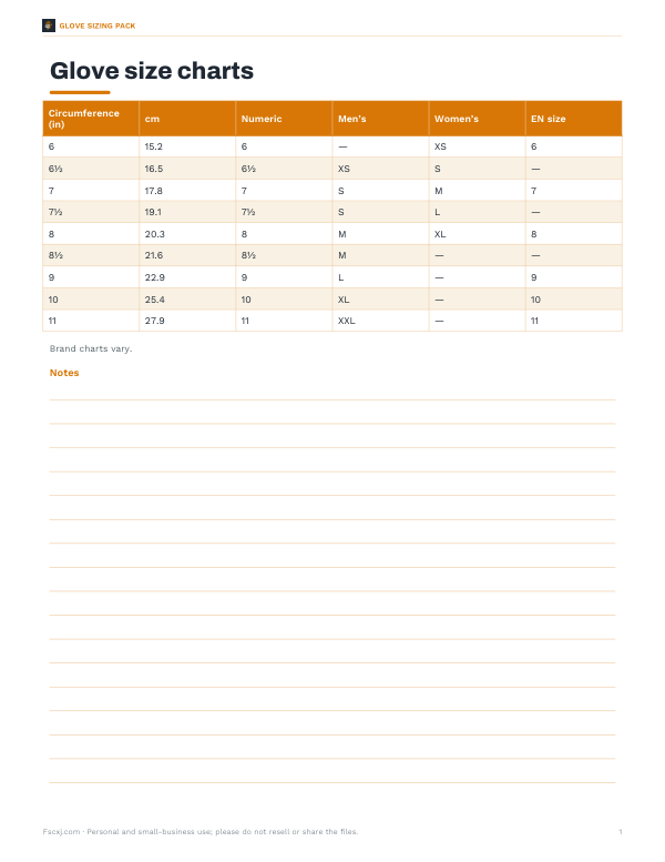 Preview of Printable Glove Size Conversion Chart