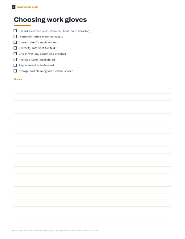 Preview of Printable Glove Selection Checklist